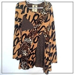 Fleur De Lis Sweater Women L Brown Animal Relaxed Cozy Artisan Layering Pullover